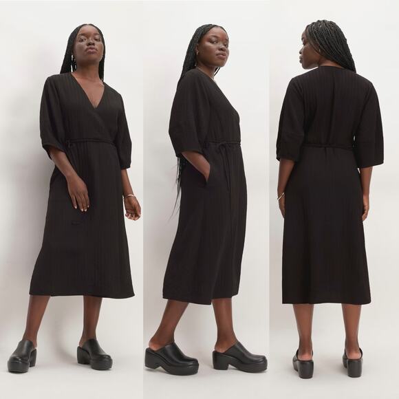 Everlane Dresses & Skirts - NWOT Everlane The City Stripe Puff Sleeve Black Ribbed Midi Wrap Dress 10